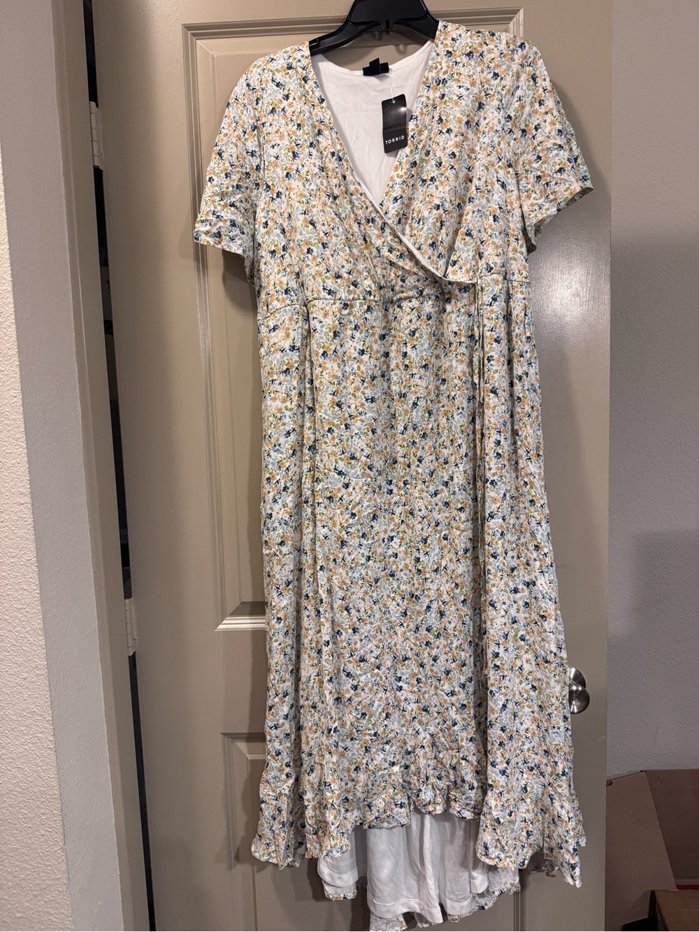 torrid White Floral Wrap Midi Dress with Yellow & Blue Accents